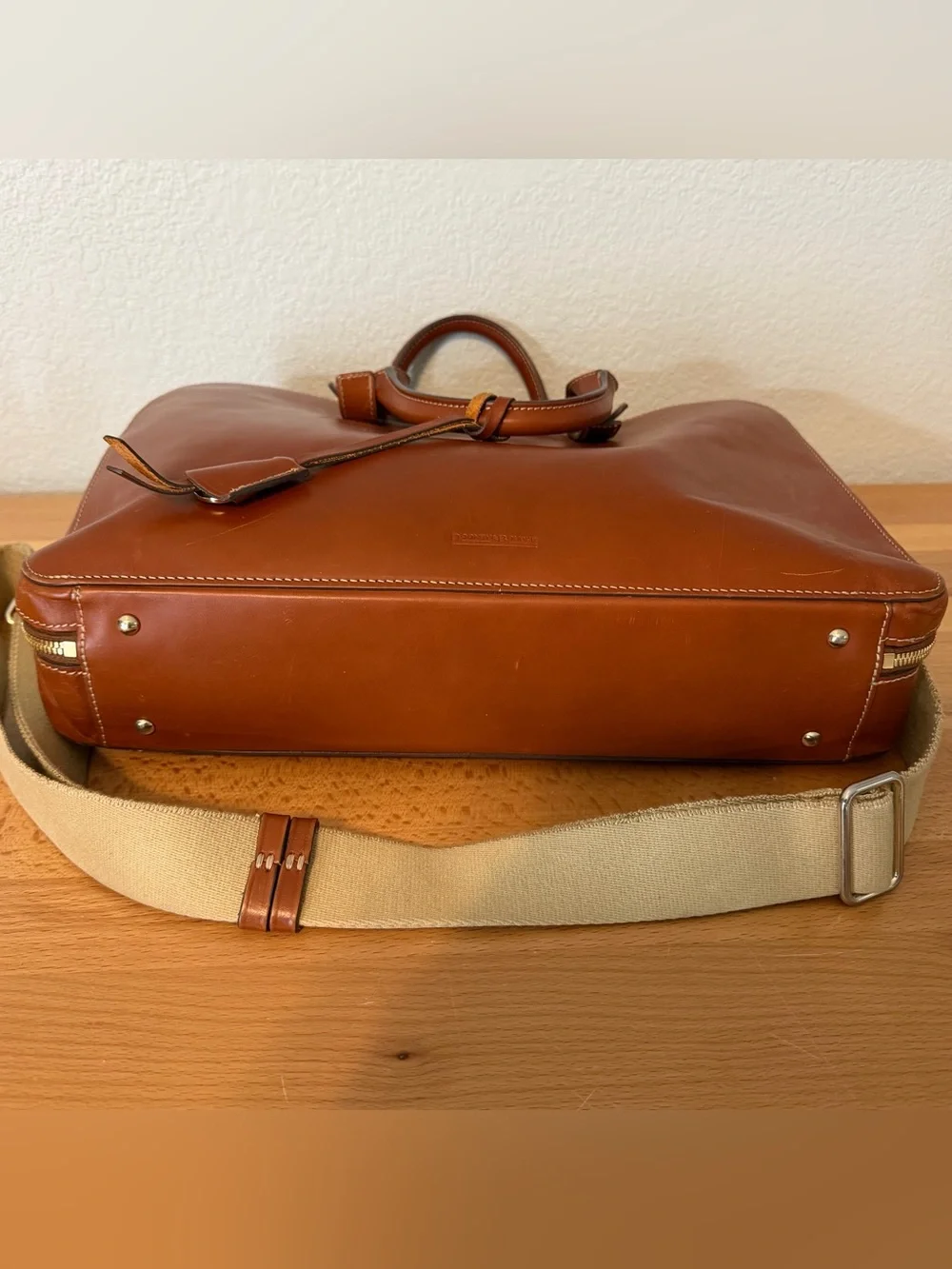 Dooney & Bourke Cognac Double Zip Leather Briefcase Messenger Bag Laptop